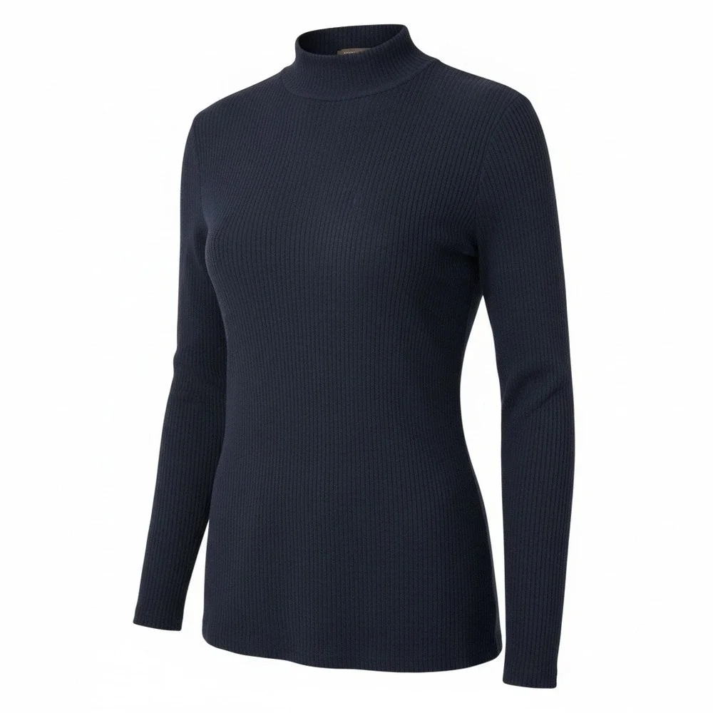 Matty M Ladies Mock Neck Long sleeve Top Navy Medium Knit Soft Comfort Cozy - Picture 1 of 8